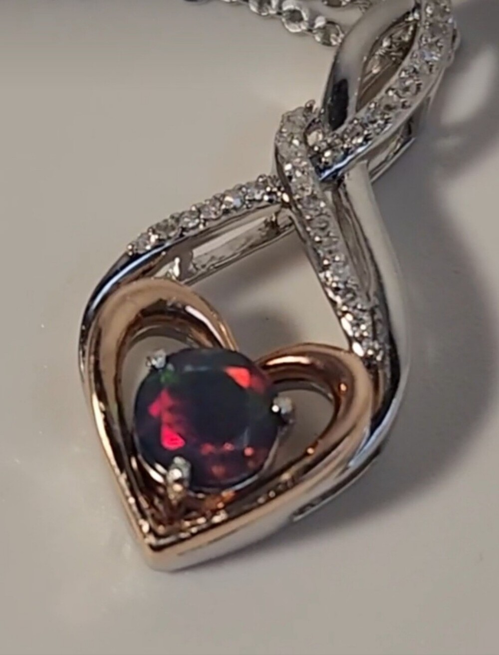VID! Natural Galinieri Fire Opal Diamond 10K Rose Gold & 925 Heart Necklace